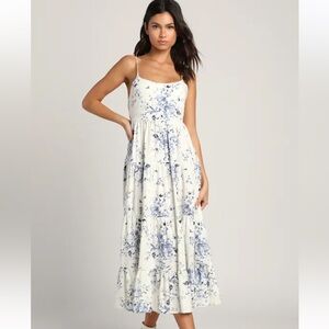 Mykonos Mood Ivory Floral Print Tie-Strap Tiered Midi Dress